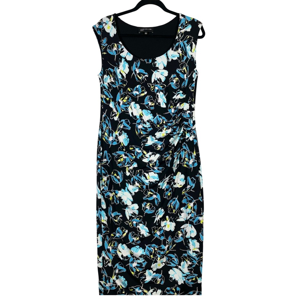 JONES NEW YORK Women Size L Floral Print Sleeveless Ruched Midi Dress Pullover